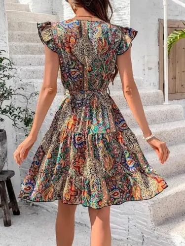 Women's Short Butterfly Sleeve Wrap Collar Supima Dress - 3