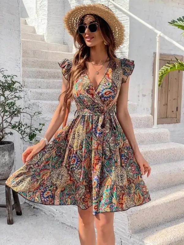 Women's Short Butterfly Sleeve Wrap Collar Supima Dress - 4