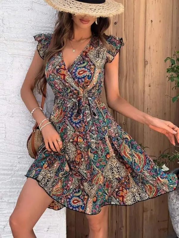 Women's Short Butterfly Sleeve Wrap Collar Supima Dress - 5