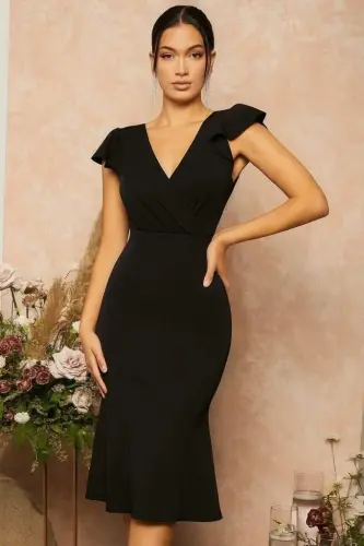 Women's Short Butterfly Sleeve Wrap V-Neck Imported Crepe Midi Dress - BÜYÜKBEDENIZ (1)