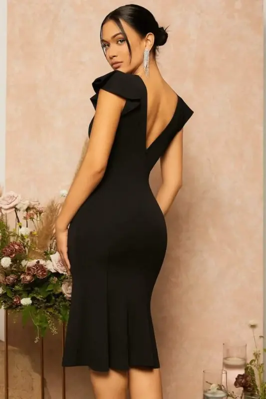 Women's Short Butterfly Sleeve Wrap V-Neck Imported Crepe Midi Dress - 3