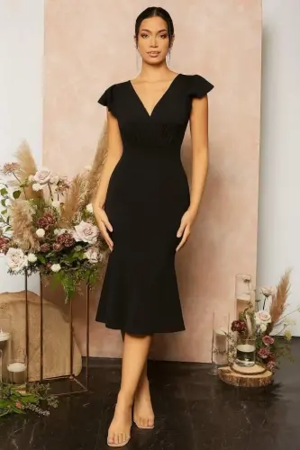 Women's Short Butterfly Sleeve Wrap V-Neck Imported Crepe Midi Dress - 4