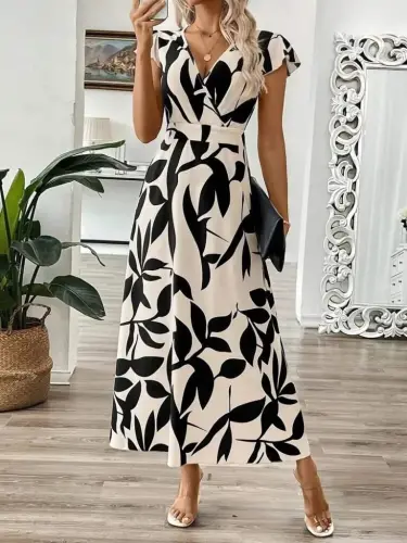 Women's Short Butterfly Sleeve Wrap V-Neck Patterned Supima Dress - 3