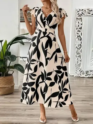 Women's Short Butterfly Sleeve Wrap V-Neck Patterned Supima Dress - 4