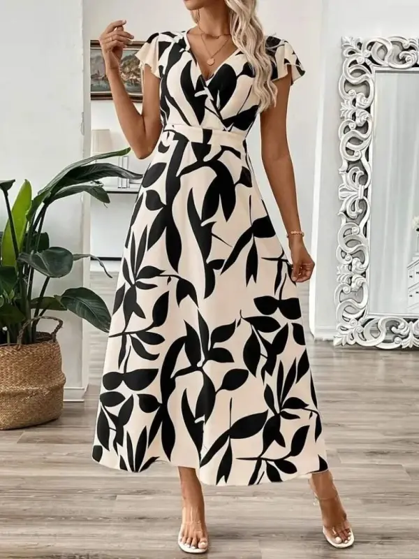 Women's Short Butterfly Sleeve Wrap V-Neck Patterned Supima Dress - 4