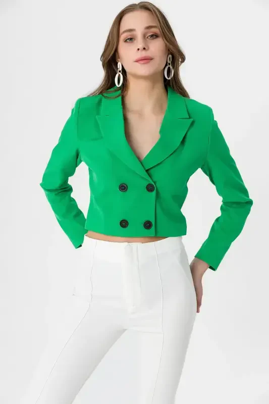 Women's Short Button Closure Blazer Jacket 245071 --GREEN - ŞIMAL