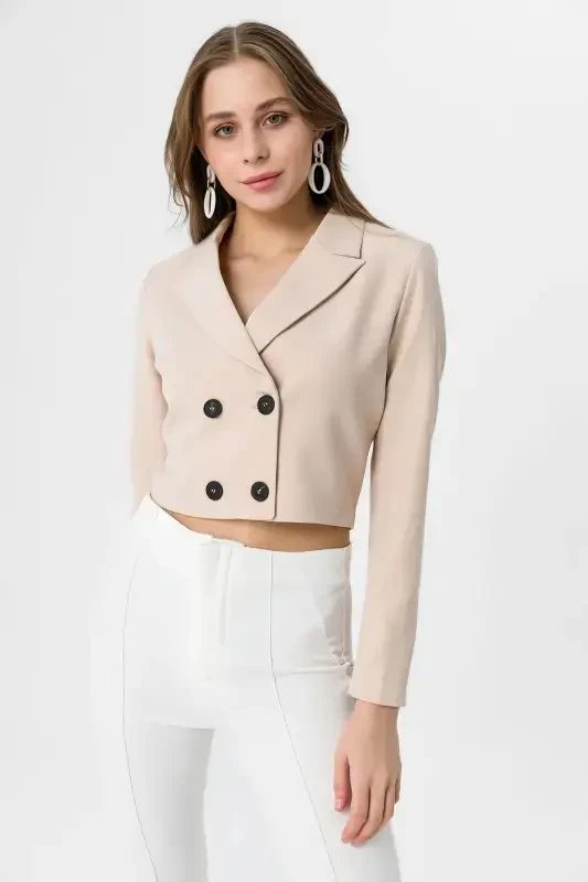 Women's Short Button Closure Blazer Jacket 245071 --STONE - 2