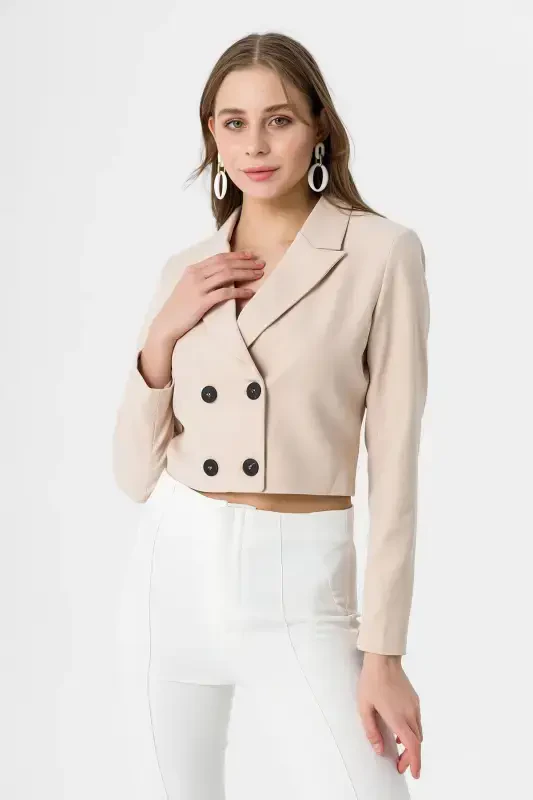 Women's Short Button Closure Blazer Jacket 245071 --STONE - 3