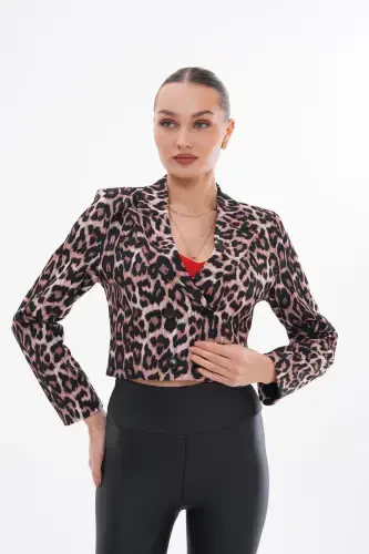 Women's Short Buttoned Blazer Jacket 245071 - 250218-LEOPARD - ŞIMAL (1)