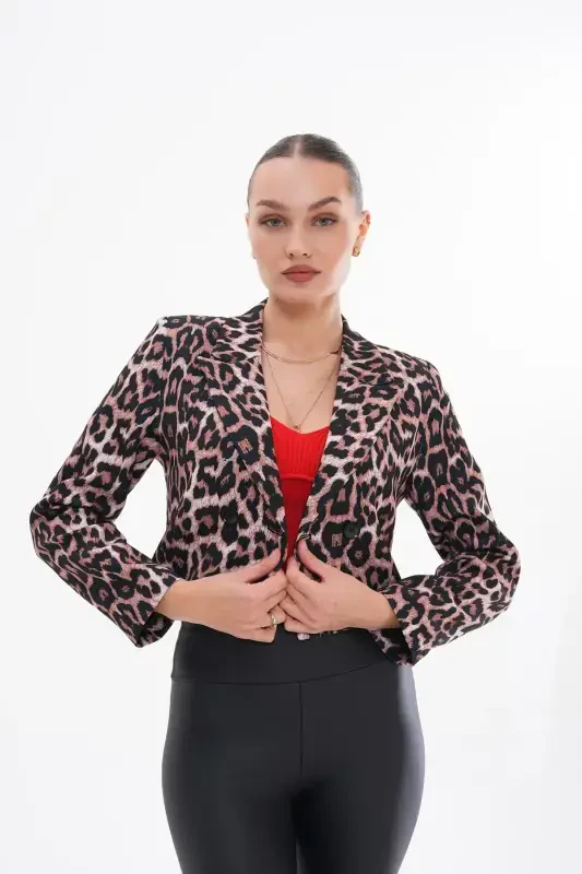 Women's Short Buttoned Blazer Jacket 245071 - 250218-LEOPARD - 4