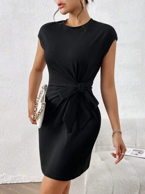 Women's Short Cap Sleeve Crew Neck Self-Tie Waist Modal Mini Dress - 2