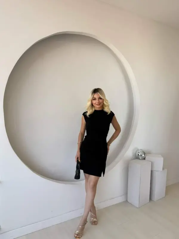 Women's Short Cap Sleeve Crew Neck Tie Waist Modal Mini Dress - BÜYÜKBEDENIZ