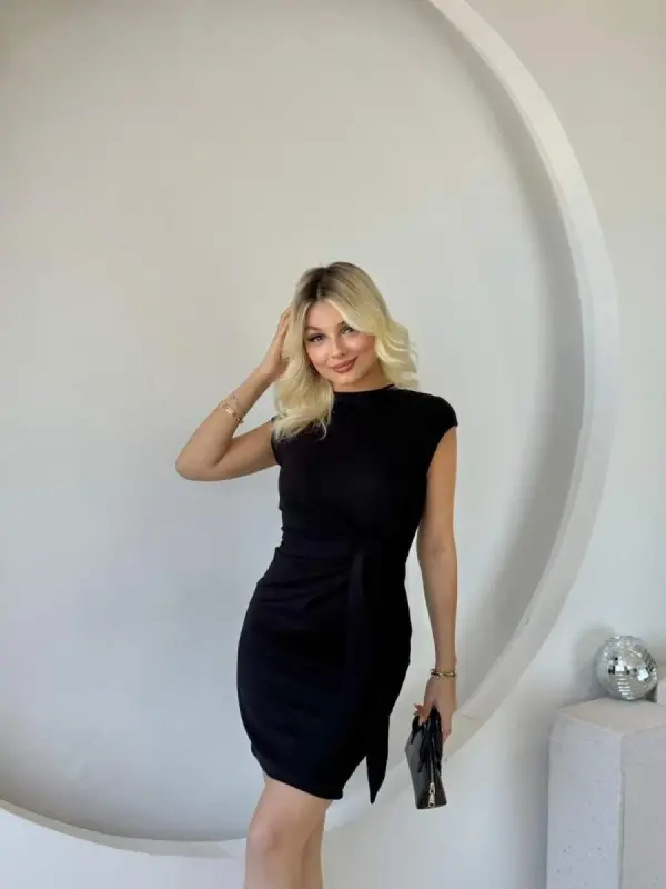 Women's Short Cap Sleeve Crew Neck Tie Waist Modal Mini Dress - 4