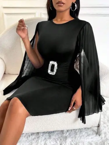 Women's Short Cape Sleeve Round Neck Buckle Detail Short Imported Crepe Dress - 2