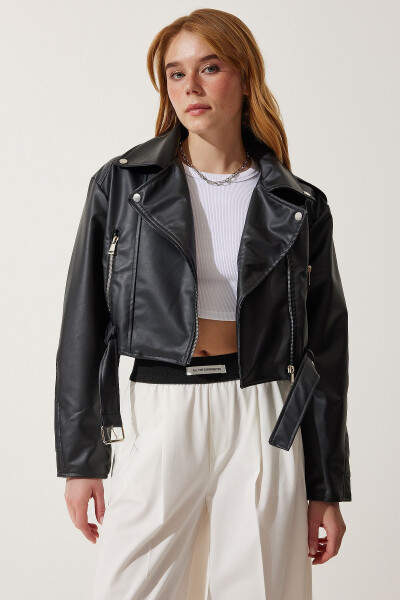 Women's Short Faux Leather Jacket with Black Belt RV00172 - 1