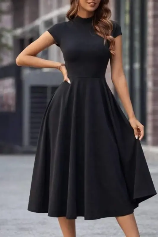 Women's Short Half-Moon Sleeve Mock Neck Midi Chiffon Dress - 4