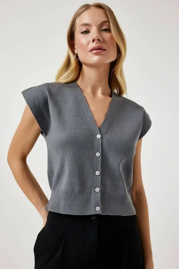 Women's Short Knit Cardigan with Grey Buttons YY00206 - 1