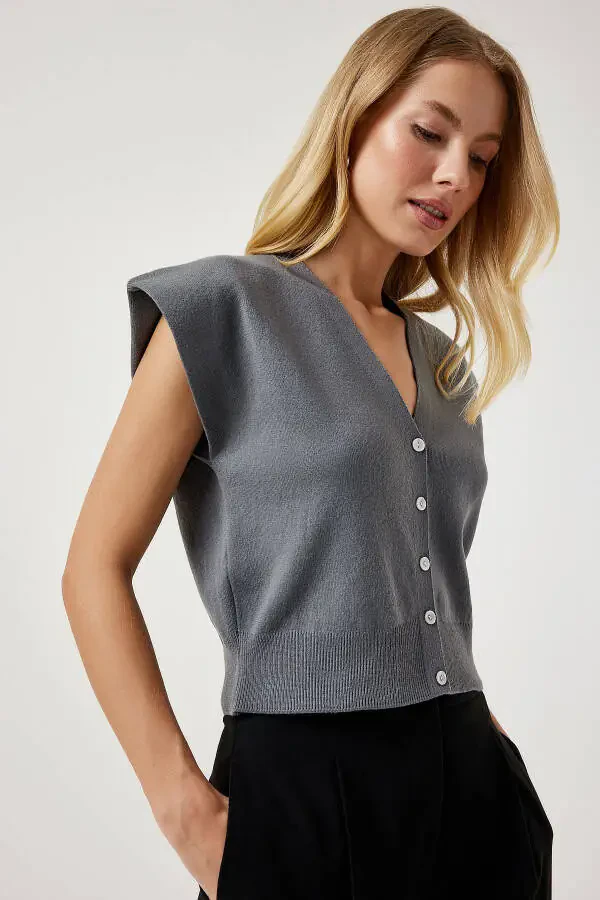 Women's Short Knit Cardigan with Grey Buttons YY00206 - 3