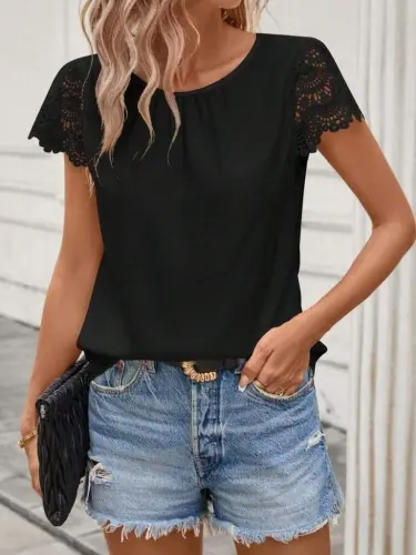Women's Short Lace Sleeve Crew Neck Sandy Blouse - 1