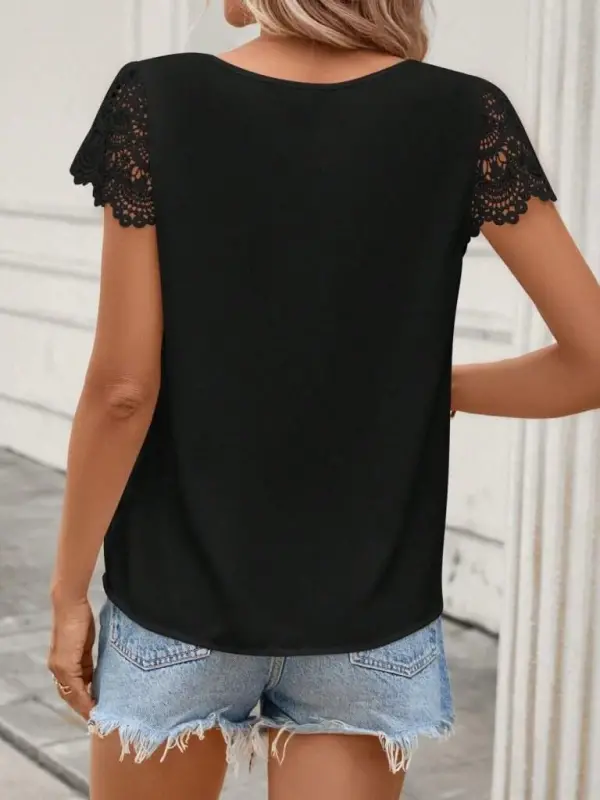 Women's Short Lace Sleeve Crew Neck Sandy Blouse - 3