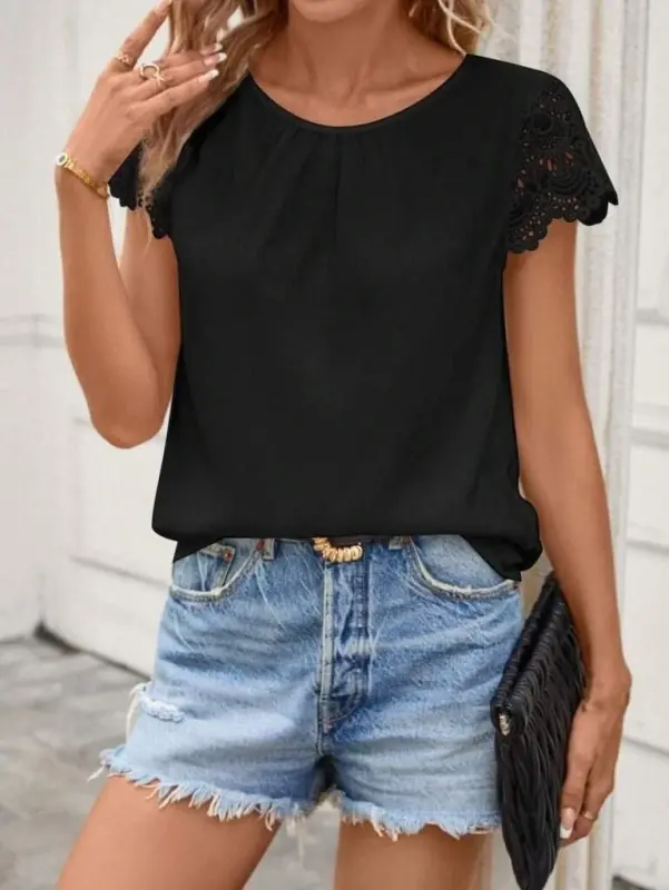 Women's Short Lace Sleeve Crew Neck Sandy Blouse - 4