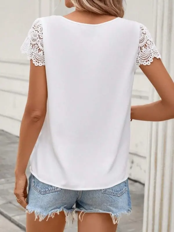 Women's Short Lace Sleeve Crew Neck Sandy Blouse - 3