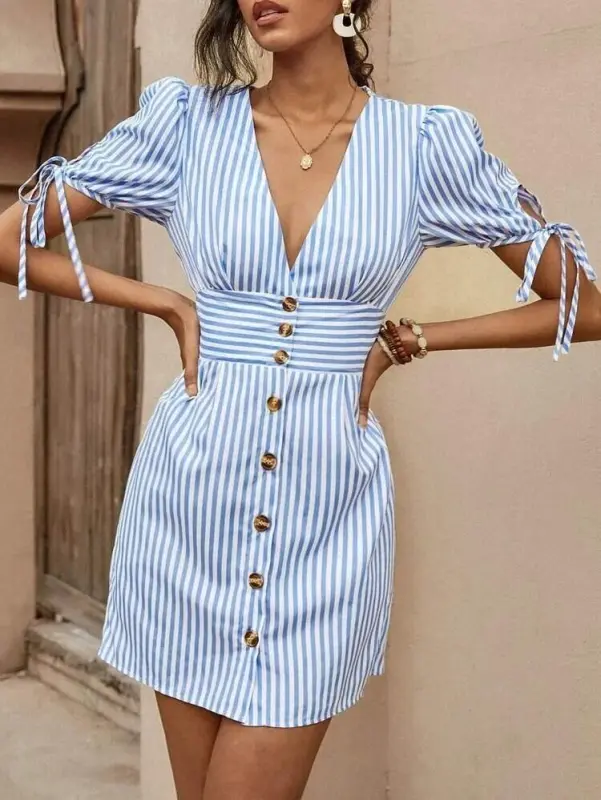 Women's Short Lace-up Sleeve Crossover Collar Button-front Short Poplin Dress - 3