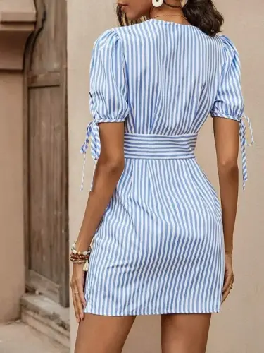 Women's Short Lace-up Sleeve Crossover Collar Button-front Short Poplin Dress - 4