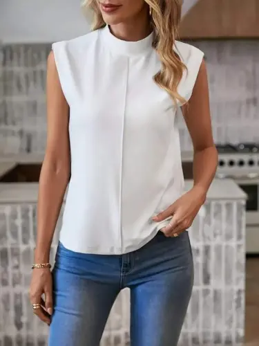 Women's Short Raglan Sleeve Mock Neck Imported Crepe Blouse - 1
