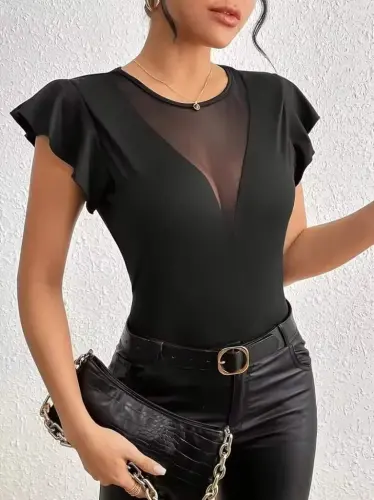 Women's Short Ruffle Sleeve Round Neck Sheer Detailed Viscose Blouse - 3