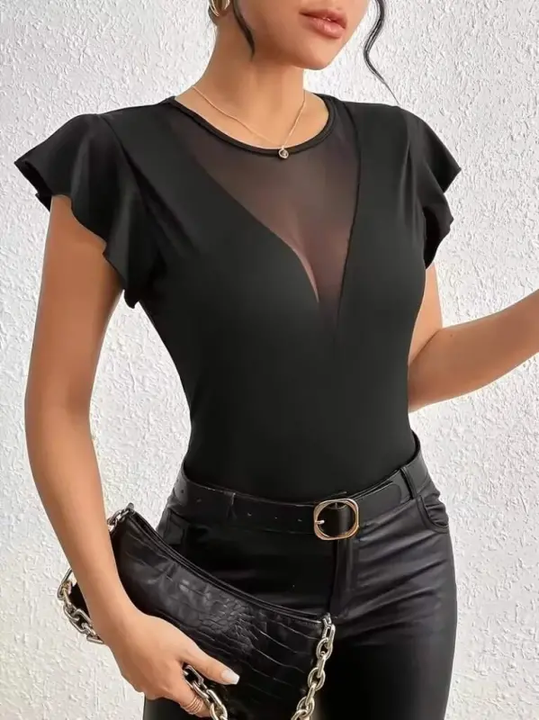 Women's Short Ruffle Sleeve Round Neck Sheer Detailed Viscose Blouse - 3