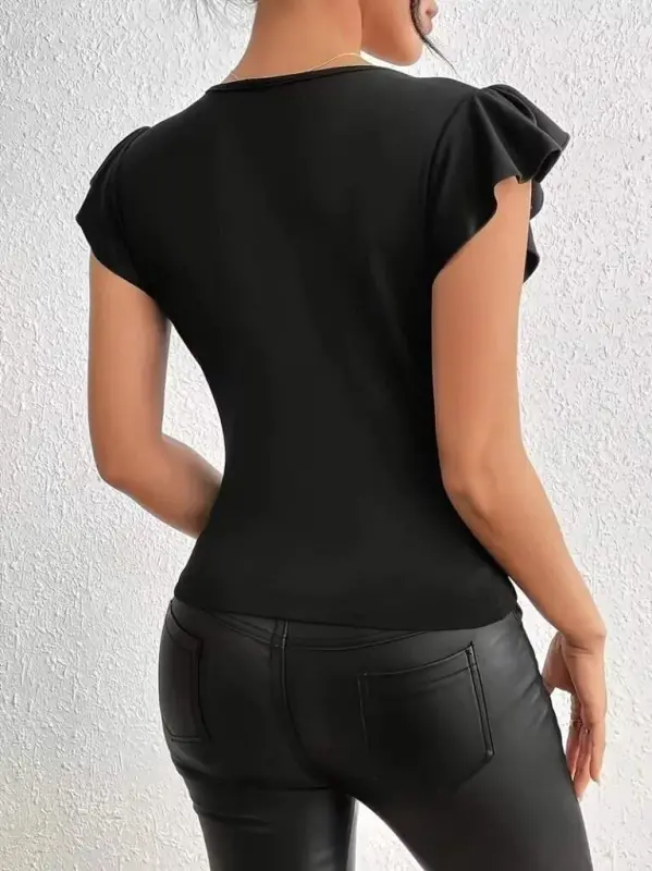 Women's Short Ruffle Sleeve Round Neck Sheer Detailed Viscose Blouse - 4