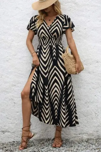 Women's Short Ruffle Sleeve Surplice Neck Elastic Waist Patterned Maxi Dress - 1