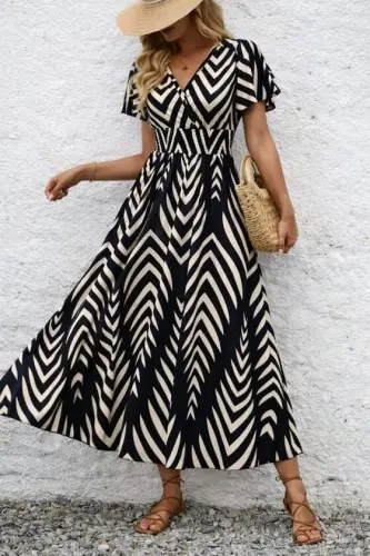 Women's Short Ruffle Sleeve Surplice Neck Elastic Waist Patterned Maxi Dress - BÜYÜKBEDENIZ (1)