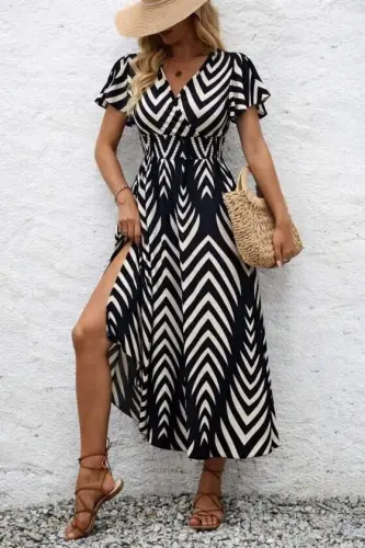 Women's Short Ruffle Sleeve Surplice Neck Elastic Waist Patterned Maxi Dress - 4