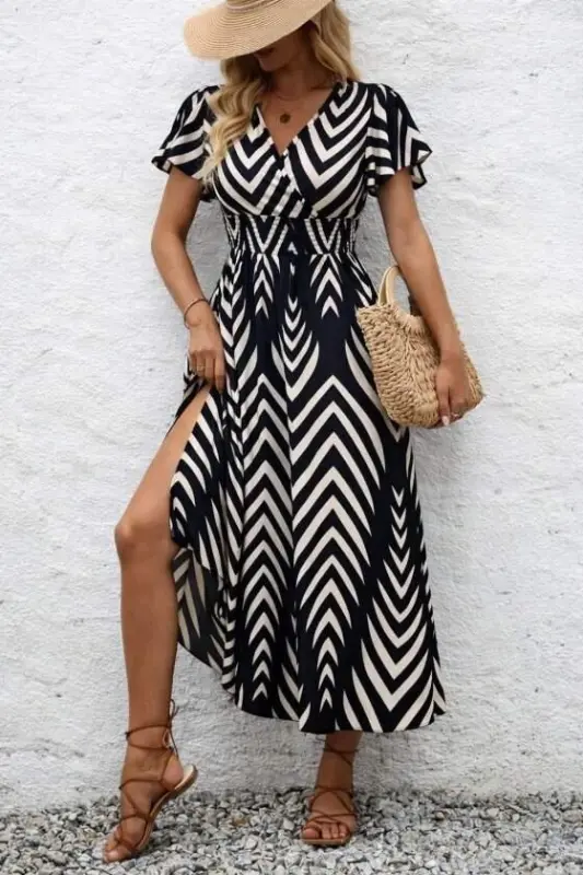 Women's Short Ruffle Sleeve Surplice Neck Elastic Waist Patterned Maxi Dress - 4