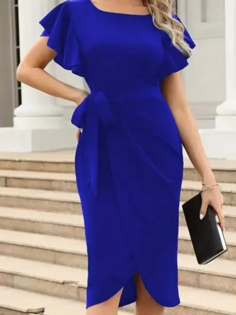 Women's Short Ruffle Sleeve V-Neck Belted Crossover Detail Imported Crepe Dress - 3