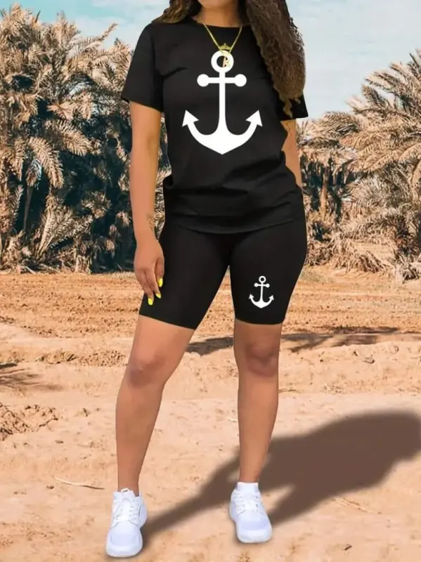 Women's Short Sleeve Anchor Print Viscose Two Piece Set - BÜYÜKBEDENIZ