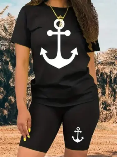 Women's Short Sleeve Anchor Print Viscose Two Piece Set - BÜYÜKBEDENIZ (1)