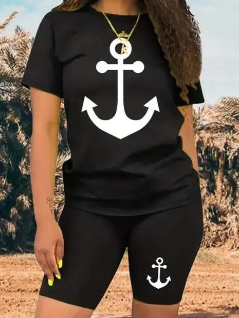 Women's Short Sleeve Anchor Print Viscose Two Piece Set - 2