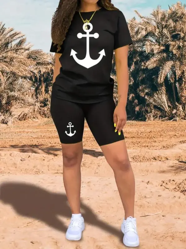 Women's Short Sleeve Anchor Print Viscose Two Piece Set - 3
