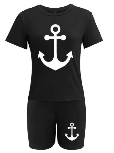 Women's Short Sleeve Anchor Print Viscose Two Piece Set - 4