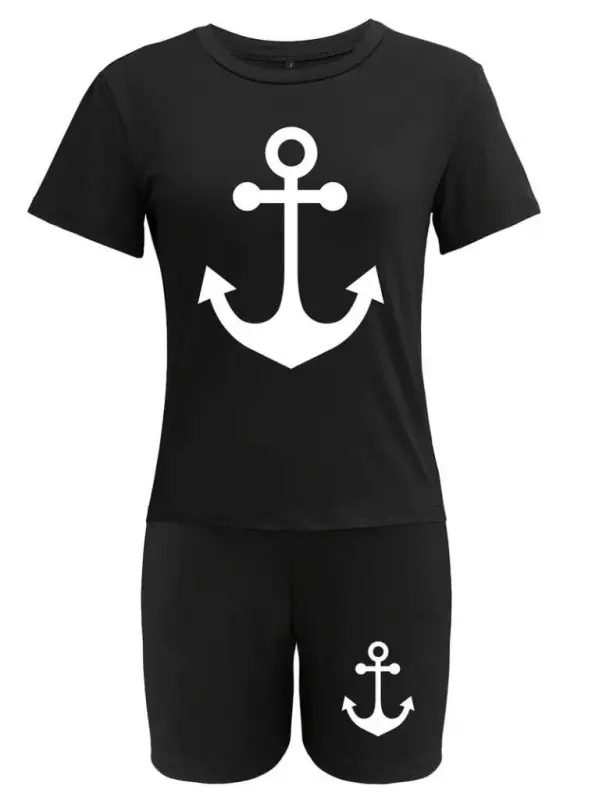 Women's Short Sleeve Anchor Print Viscose Two Piece Set - 4
