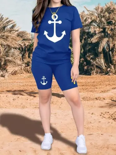 Women's Short Sleeve Anchor Print Viscose Two Piece Set - 3