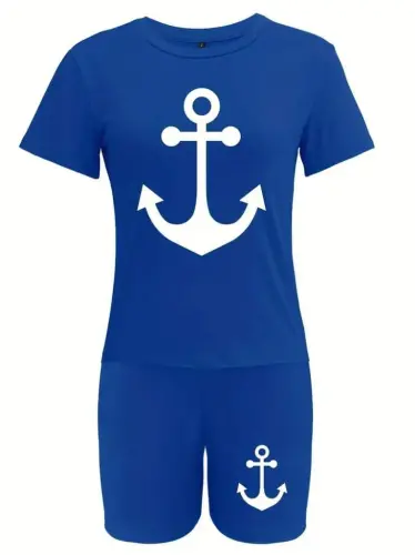 Women's Short Sleeve Anchor Print Viscose Two Piece Set - 4