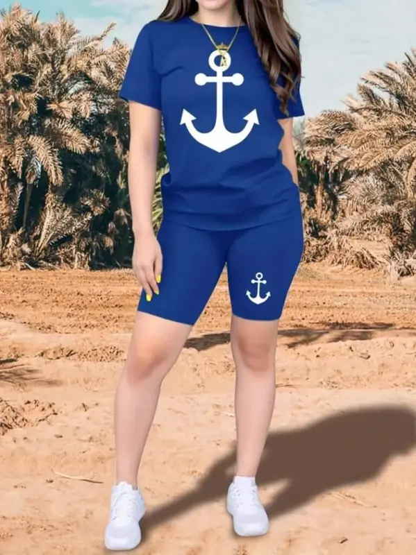 Women's Short Sleeve Anchor Print Viscose Two Piece Set - BÜYÜKBEDENIZ