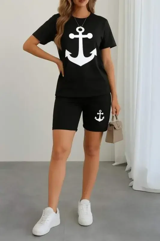 Women's Short Sleeve Anchor Print Viscose Two Piece Set - BÜYÜKBEDENIZ