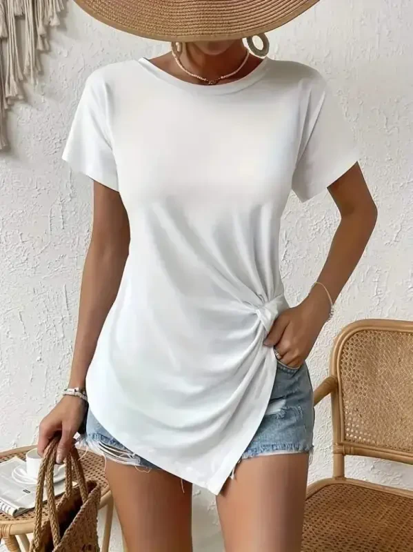 Women's Short Sleeve Asymmetric Cut Gathered Waist Knot Detail Viscose Blouse - 5