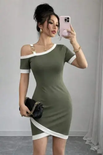 Women's Short Sleeve Asymmetric Cut Neck Striped And Accessory Detailed Modal Dress - 1