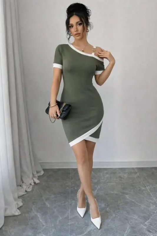 Women's Short Sleeve Asymmetric Cut Neck Striped And Accessory Detailed Modal Dress - 3